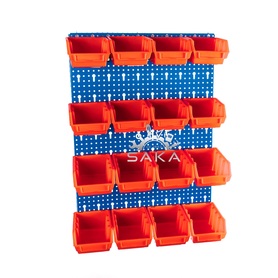 Zestaw pudełek czerwonych Ergobox 1 i 2 + płyta perforowana niebieska podwójna 450x630x15 mm (szerokość x wysokość x głębokość-rant)